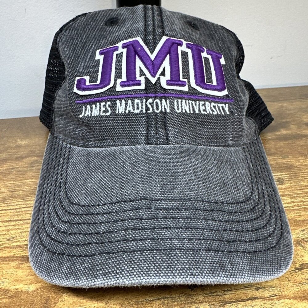 James Madison JMU Black Denim Mesh Trucker Snapback Hat Cap NCAA Gray Black‎
